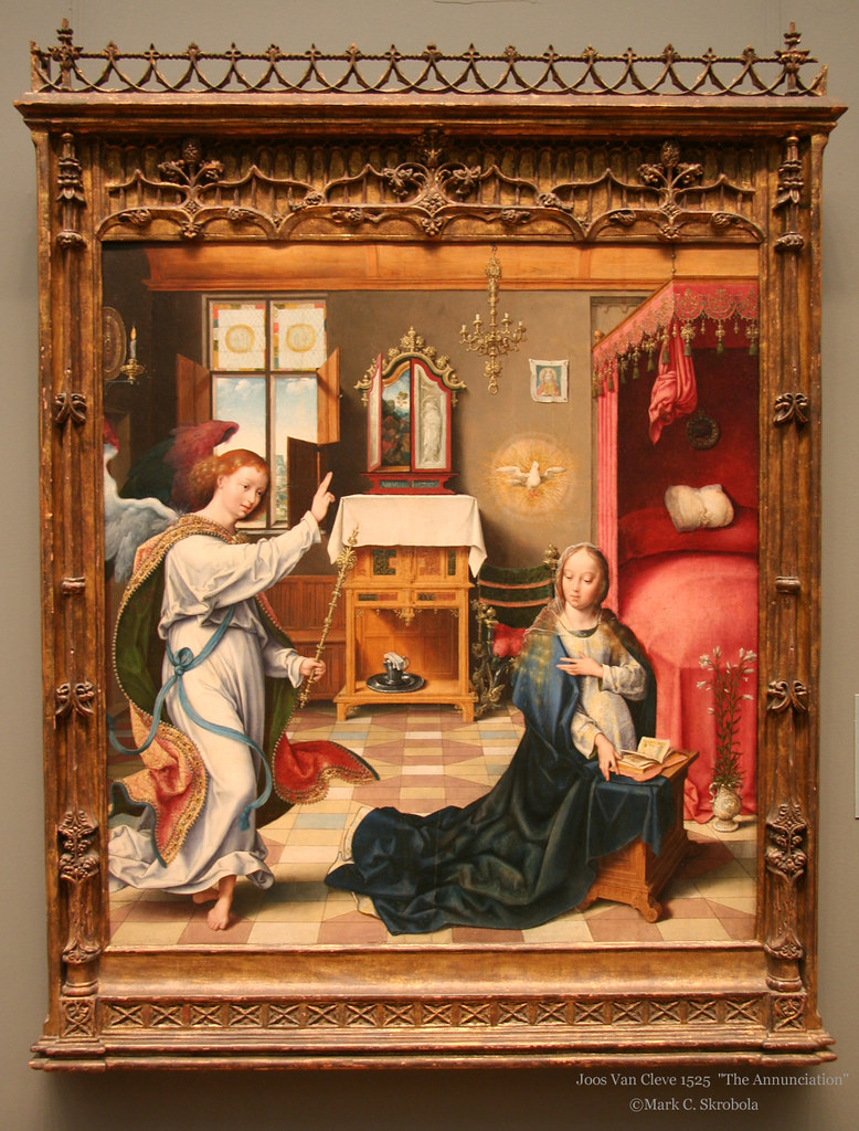 A painting depicting an angel with the Madonna in a richly adorned room.