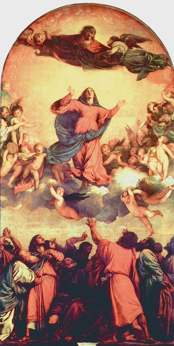 A painting of the Madonna ascending to heaven with cherubs and angels.
