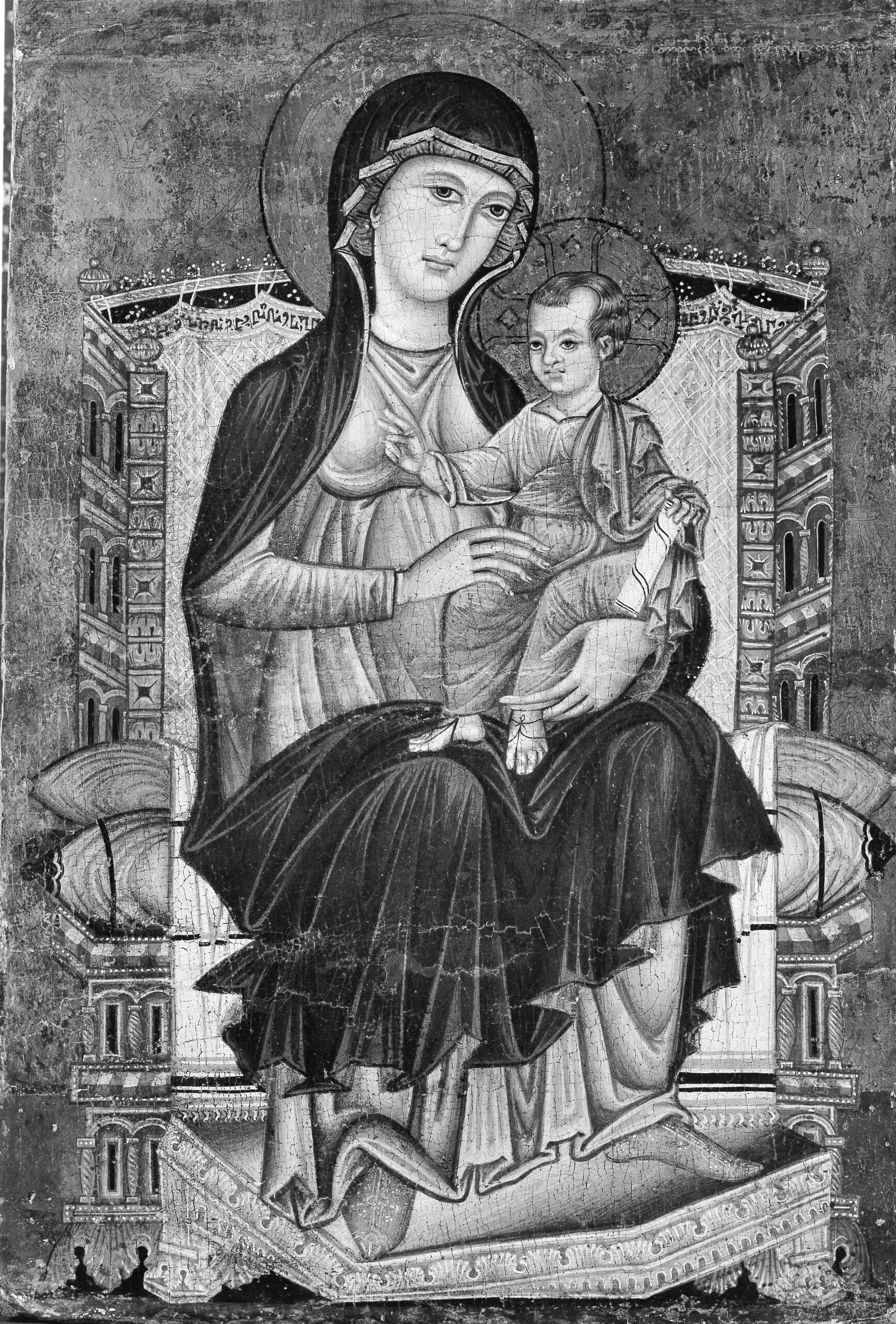 A black and white painting of a seated Madonna holding a child, both with halos, set against an architectural backdrop.
