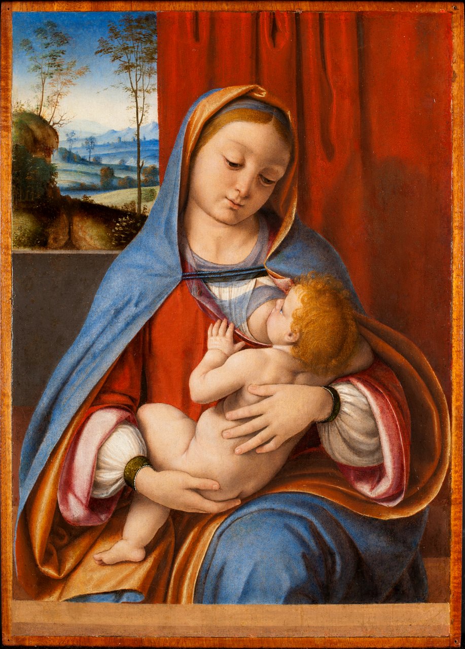 The Madonna in a blue cloak holds the baby Christ, with a landscape and red drapery in the background.