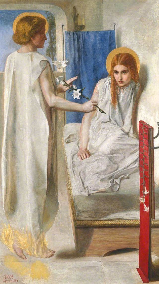 The Virgin Mary with a halo sits on her bed in her nightgown. She is being handed a flower by an angel who is accompanied by a dove.