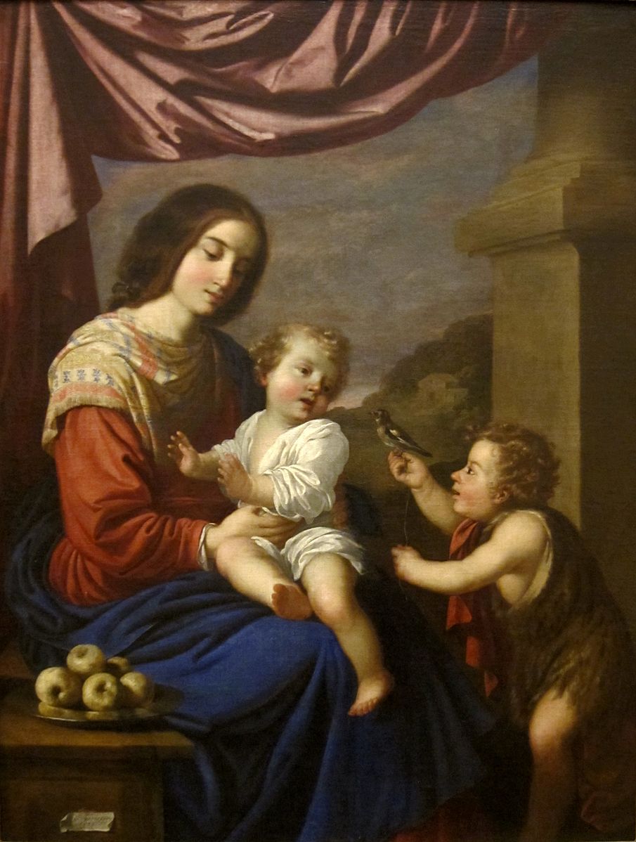 A classical painting of the Madonna with the Christ Child in her lap and young John the Baptist offering a bird.