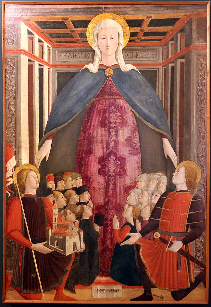 A painting of the Madonna in a blue cloak and red dress, surrounded by smaller worshippers. She shields them with her cloak.