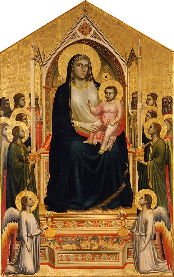A religious painting depicts the Virgin Mary holding a child, surrounded by angels, all adorned in elaborate robes, set against a gold background.
