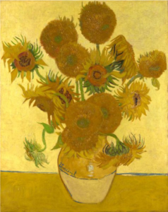 Van Gogh's Sunflowers depicts a vibrant bouquet of sunflowers arranged in a simple vase, set against a plain yellow background.