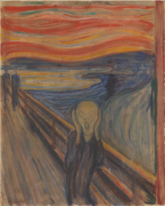 Edvard Munch's The Scream portrays a figure on a bridge, overwhelmed by existential dread, with swirling skies and bold colors amplifying its raw emotional intensity.