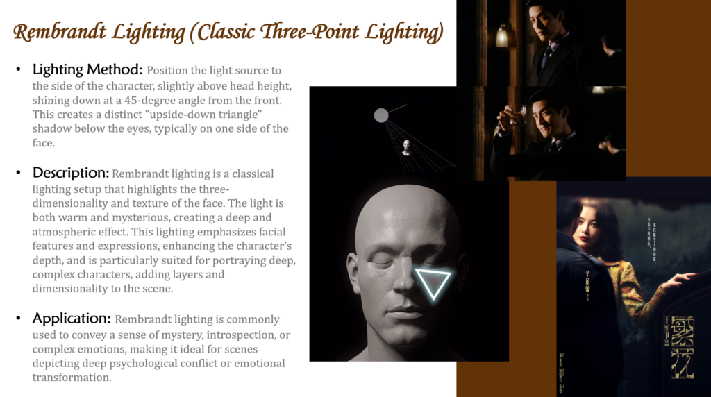 Rembrandt Lighting (Classic Three-Point Lighting) Lighting Method: Position the light source to the side of the character, slightly above head height, shining down at a 45-degree angle from the front. This creates a distinct "upside-down triangle" shadow below the eyes, typically on one side of the face. Description: Rembrandt lighting is a classical lighting setup that highlights the three-dimensionality and texture of the face. The light is both warm and mysterious, creating a deep and atmospheric effect. This lighting emphasizes facial features and expressions, enhancing the character’s depth, and is particularly suited for portraying deep, complex characters, adding layers and dimensionality to the scene. Application: Rembrandt lighting is commonly used to convey a sense of mystery, introspection, or complex emotions, making it ideal for scenes depicting deep psychological conflict or emotional transformation.