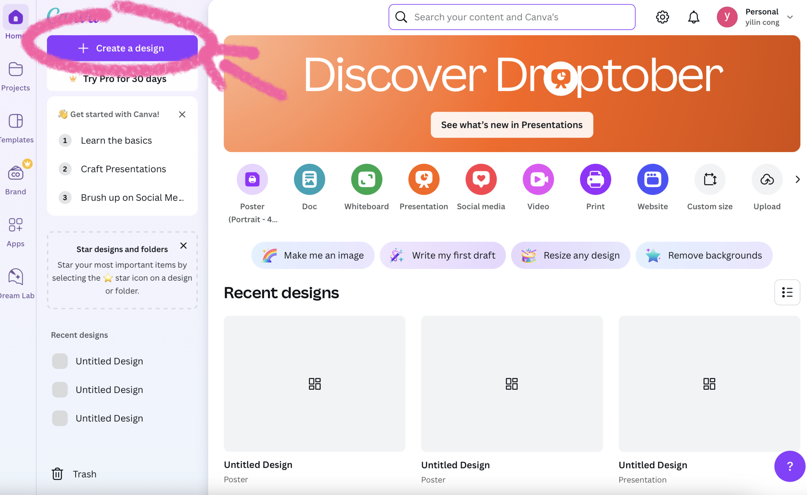Screenshot of the Canva interface, with the ‘Create design’ button highlighted in the top left corner, which you need to click. In the centre are various design templates such as posters, documents and presentations.