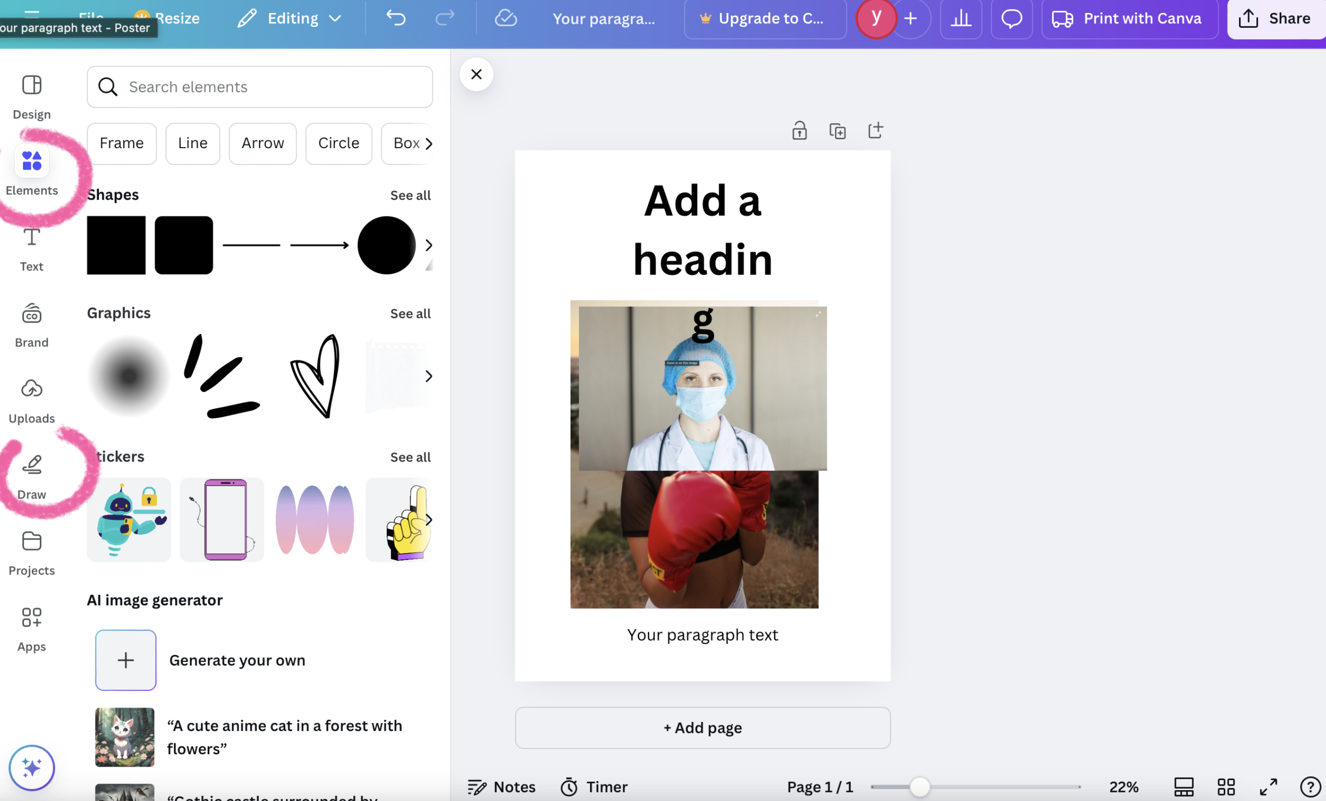 Screenshot of Canva's design editor showing the 'Elements' panel with shapes, graphics, and stickers, alongside a partially completed poster design containing a medical professional and a boxer image.