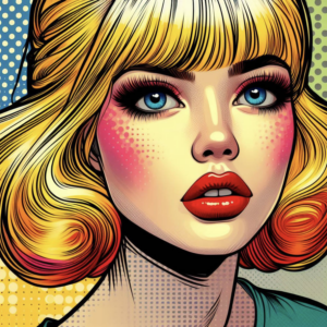 An AI-generated pop art portrait of a blonde woman, with dot patterns used on her face, neck, and background. The image features vibrant colors, such as bright reds, yellows, and blues, enhancing the pop art effect.
