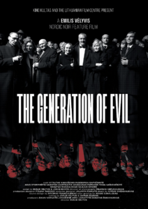 A black-and-white movie poster for The Generation of Evil. The upper half shows a group of formally dressed people standing together, while the bold white title is centered in the middle. Below, their reflection is tinted red, adding a dramatic effect.