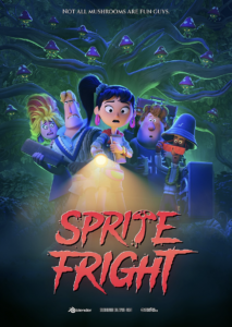 An animated movie poster for Sprite Fright. Five characters with shocked expressions stand in the foreground, illuminated by a flashlight. The title, Sprite Fright, appears in bold red jagged letters at the bottom, with glowing purple mushrooms and a dark tree in the background.