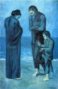 Picasso's The Tragedy uses muted blue tones and somber figures to convey profound human sorrow and isolation, emblematic of his Blue Period.