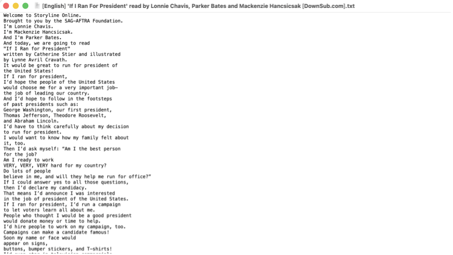 Text document of "If I Ran For President" from DownSub, showing paragraphs of the story read by actors.