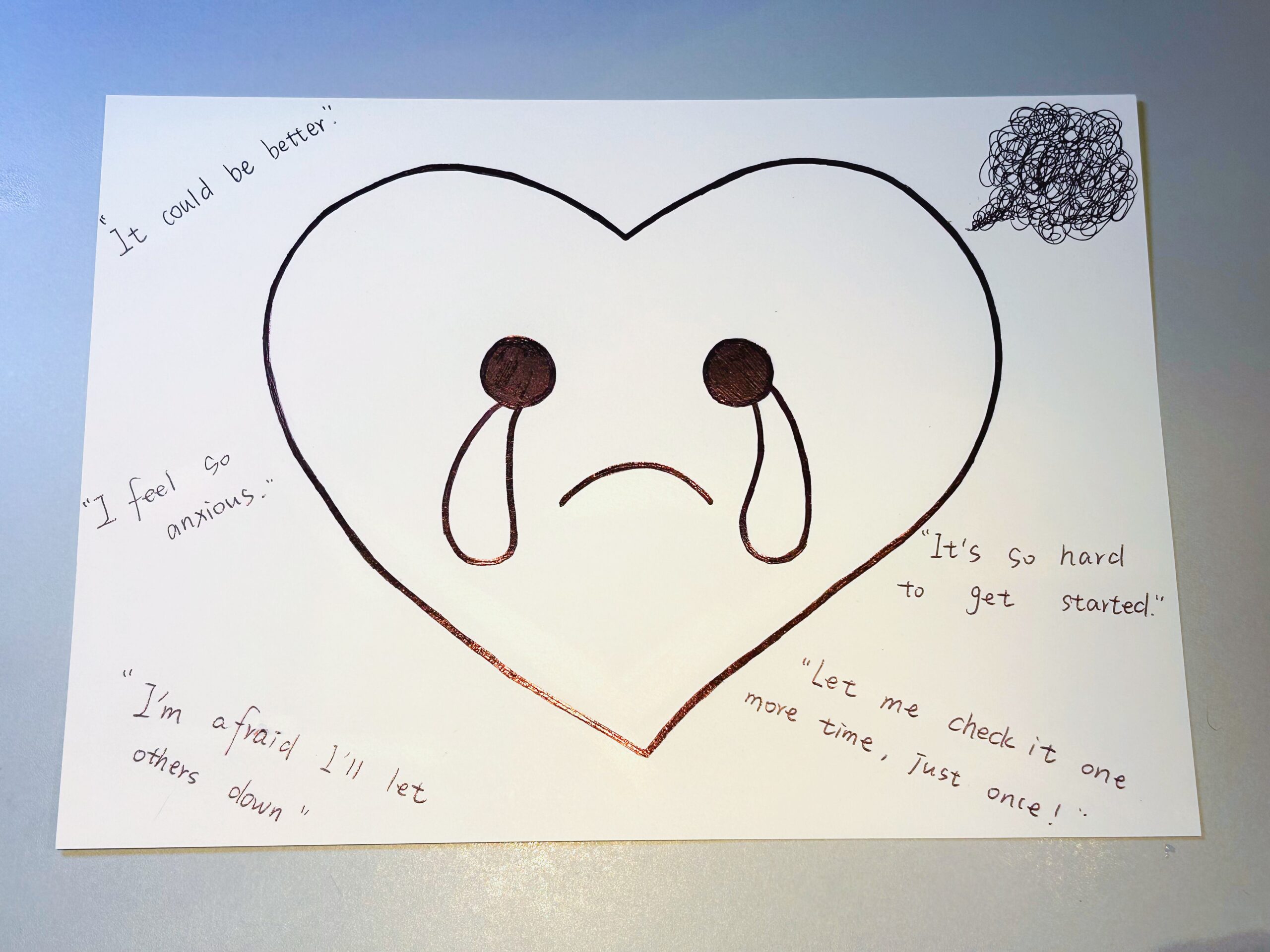 This picture is the first step in creation - drawing. A huge heart was drawn in the middle of the white paper, with tears streaming down its face. There is a spiral line in the upper right corner that symbolizes chaotic thoughts. Some words were written around the heart, including: “It could be better.” “I feel so anxious.” “I’m afraid I’ll let others down.” “It’s so hard to get started.” “Let me check it one more time, just one!”