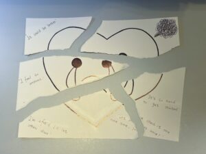 This is a photograph showing the previous black and white line drawing torn into multiple rough edged fragments. The first step is to tear irregularly horizontally from the position of the two eyes, then tear from the bottom left corner to the top right corner. The third step is to tear upwards from the left eye, and finally tear downwards from the tear on the right, dividing into five irregular fragments.