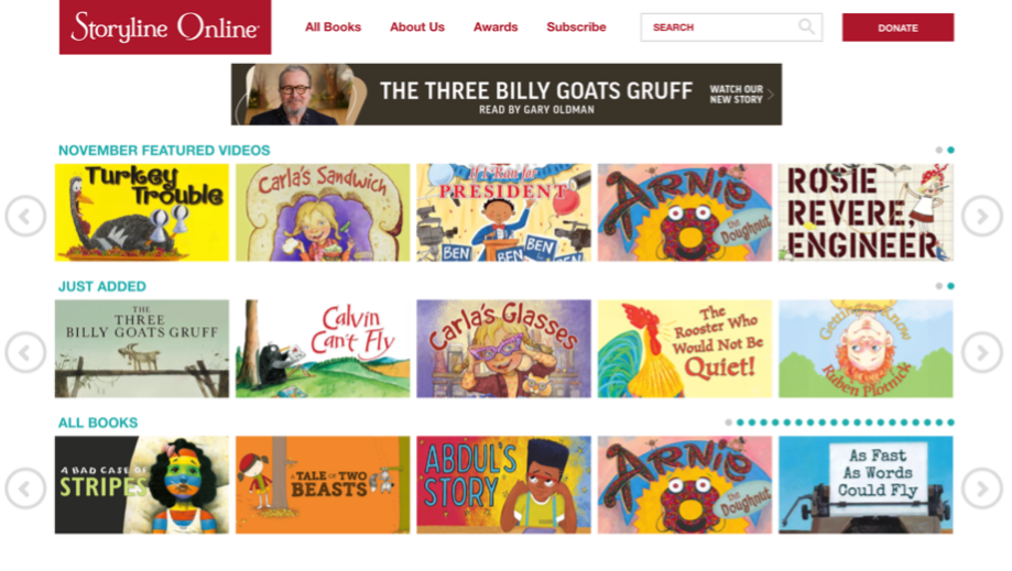 Screenshot of the Storyline Online website featuring children's book videos, navigation menu, and book covers.