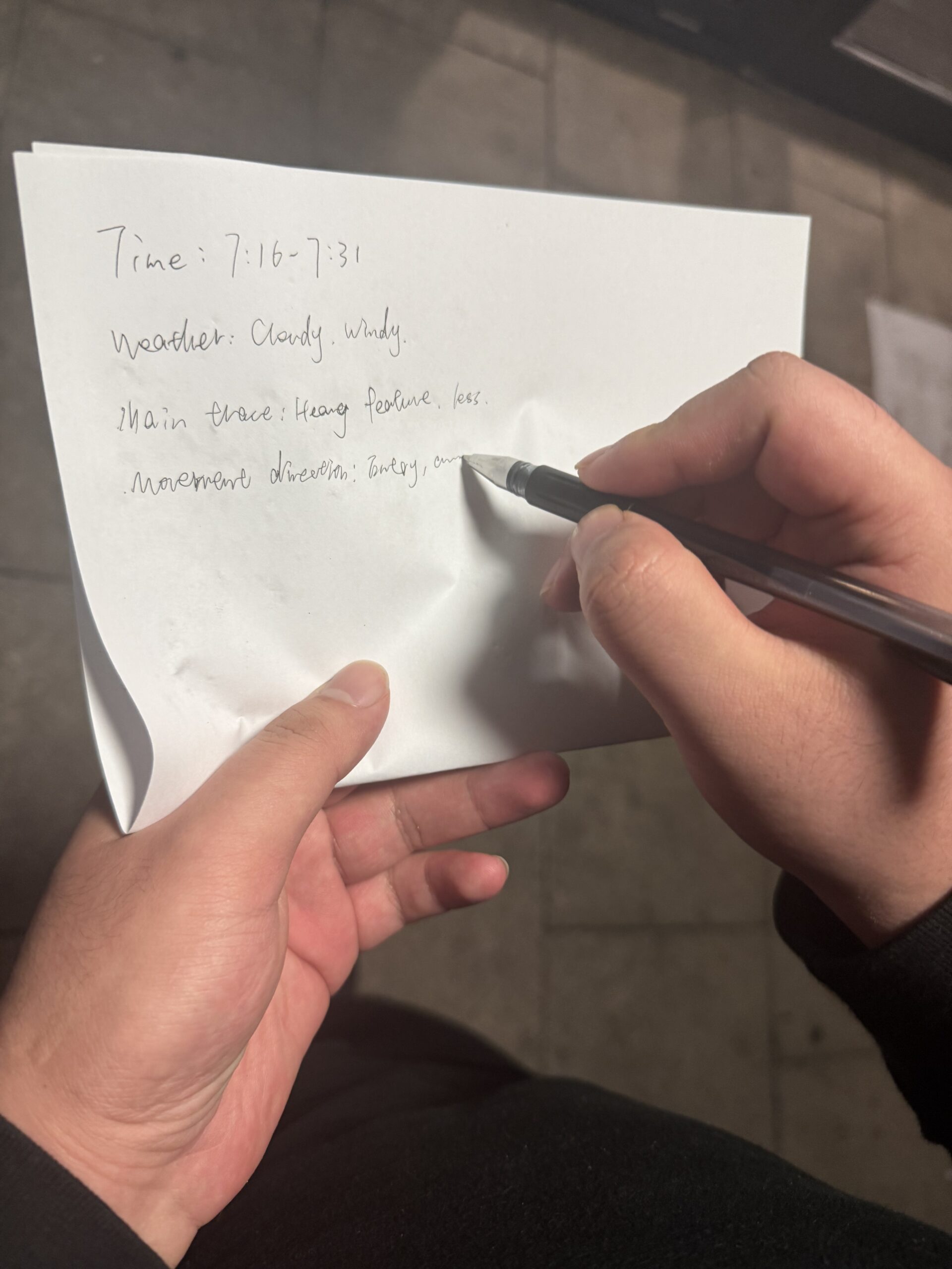 The focus in the picture is on a pair of hands, holding a pen and taking notes. The notes are about time, weather, main observation and other contents.