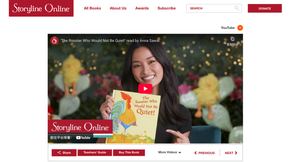 Screenshot of Storyline Online website featuring "The Rooster Who Would Not Be Quiet!" read by Anna Sawai, with video play button and navigation options.