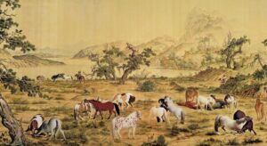 several horses stand and graze on an open grassland, surrounded by gentle hills in a calm natural scene.