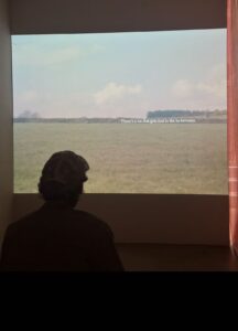 A person sits in a dim gallery room, watching a video projection of a green field with clouds. Text on the screen reads: “There’s a lot that gets lost in the in-between.”