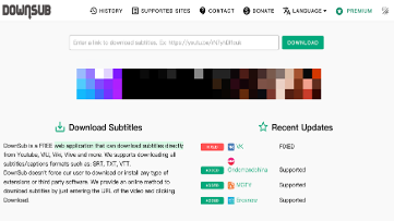 Screenshot of DownSub website, a tool for downloading subtitles, with input field, download button, and subtitle format options.