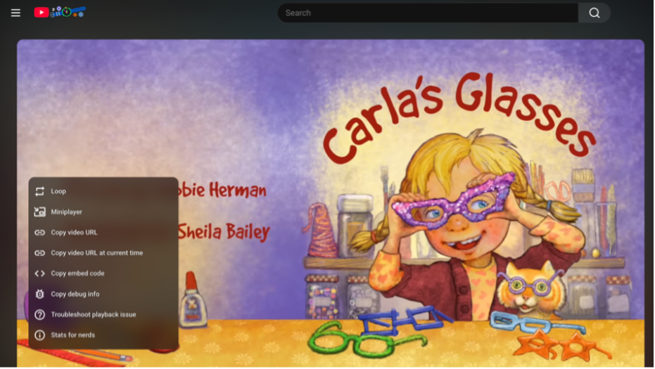 YouTube video interface of "Carla’s Glasses" from Storyline Online, showing the book cover and a context menu with options like copy video URL.