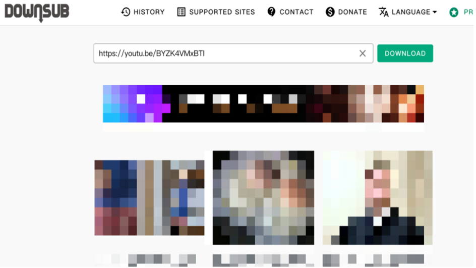 Screenshot of DownSub website with a YouTube URL in the input field and a green "DOWNLOAD" button, plus pixelated image thumbnails below.