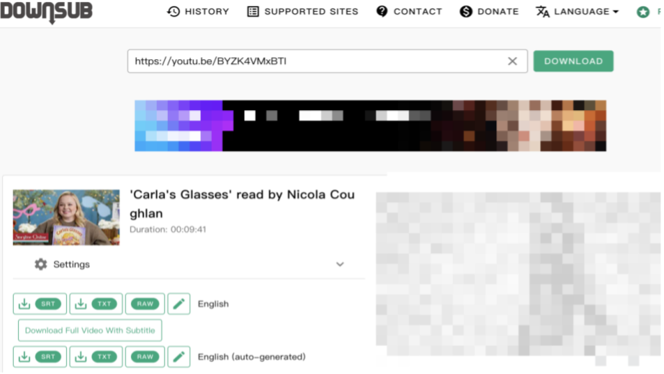 DownSub website showing subtitle download options for "Carla’s Glasses" video, with TXT format and other subtitle options.