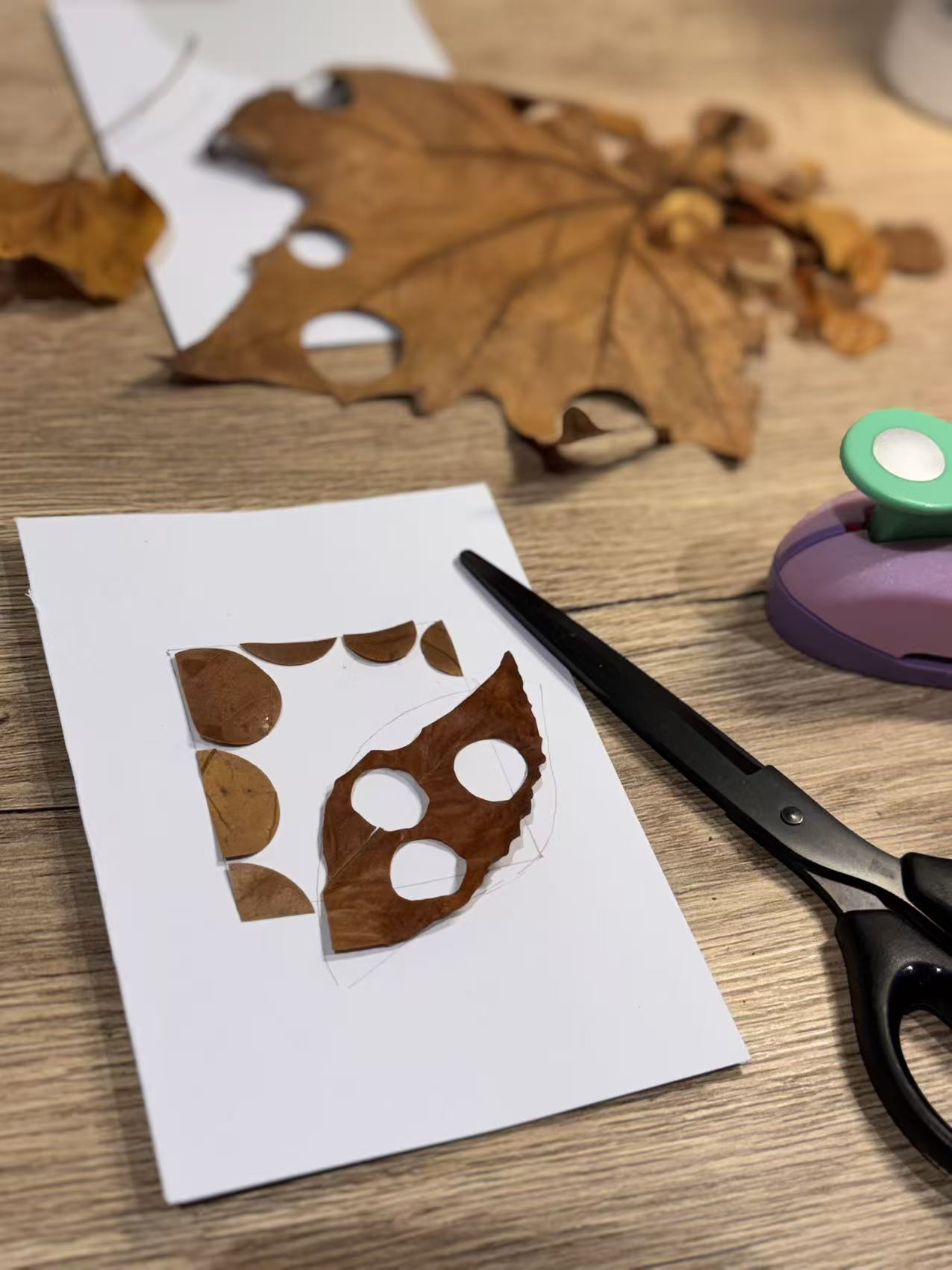 Poster of Dot Art: A Symbiotic Voyage of Nature and Art A completed polka dot collage, made by simply collaging leaves, with tools such as scissors and a rounding tool nearby.