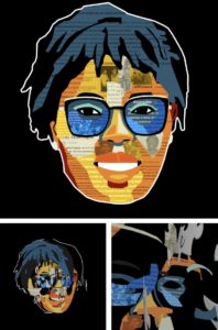 Collage portrait of Abigail (titled "Abigail-collage-knowledge-is-her," 2025 by Jordan McRae) made from text/photo scraps.