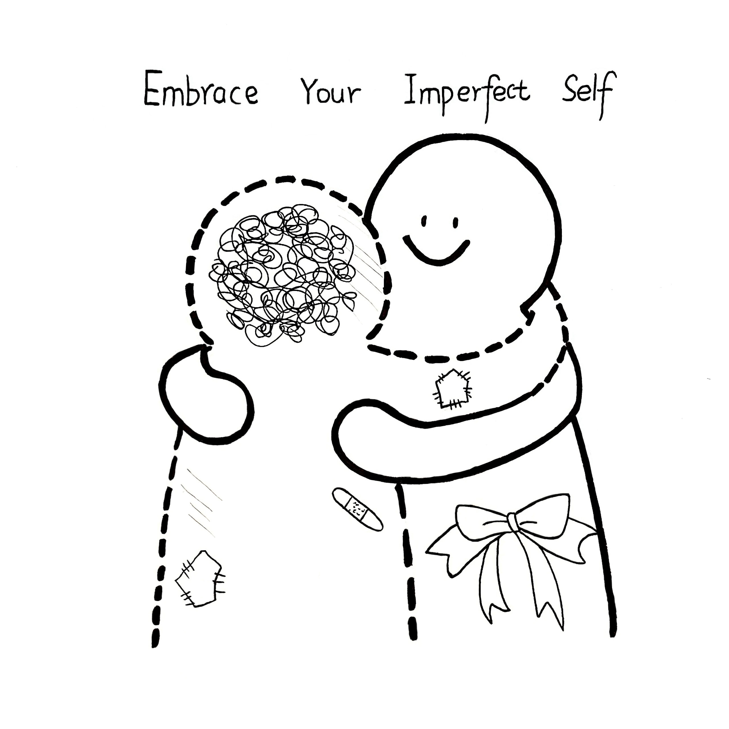 <a href="https://blogs.ed.ac.uk/opentoolkits/wp-content/uploads/sites/8719/2025/11/Embrace-your-imperfect-self-1-scaled.jpg">Embrace your imperfect self</a> © 2025 by <a href="s2633670@ed.ac.uk">Siyu Su</a> is licensed under <a href="https://creativecommons.org/licenses/by-sa/4.0/">CC BY-SA 4.0</a><img src="https://mirrors.creativecommons.org/presskit/icons/cc.svg" alt="" style="max-width: 1em;max-height:1em;margin-left: .2em"><img src="https://mirrors.creativecommons.org/presskit/icons/by.svg" alt="" style="max-width: 1em;max-height:1em;margin-left: .2em"><img src="https://mirrors.creativecommons.org/presskit/icons/sa.svg" alt="" style="max-width: 1em;max-height:1em;margin-left: .2em"> This is a warm black and white simple line drawing with the words “Embrace your imperfect self” written at the top. In the center of the screen, there are two cartoon characters tightly embracing each other: the smiling character on the right, outlined by solid lines, is gently embracing the self depicted with dotted lines on the left. The dotted character’s head is wrapped in a spiral line symbolizing chaotic thoughts, and its body is covered with patch like marks. The solid line represents our strong side, while the dotted line represents the fragile and sensitive part of our heart. This embrace is the reconciliation we have reached with our imperfections. The entire painting conveys the belief that only when we learn to accept our own chaos and imperfections, and embrace all fragility with warm arms, can life truly be complete.