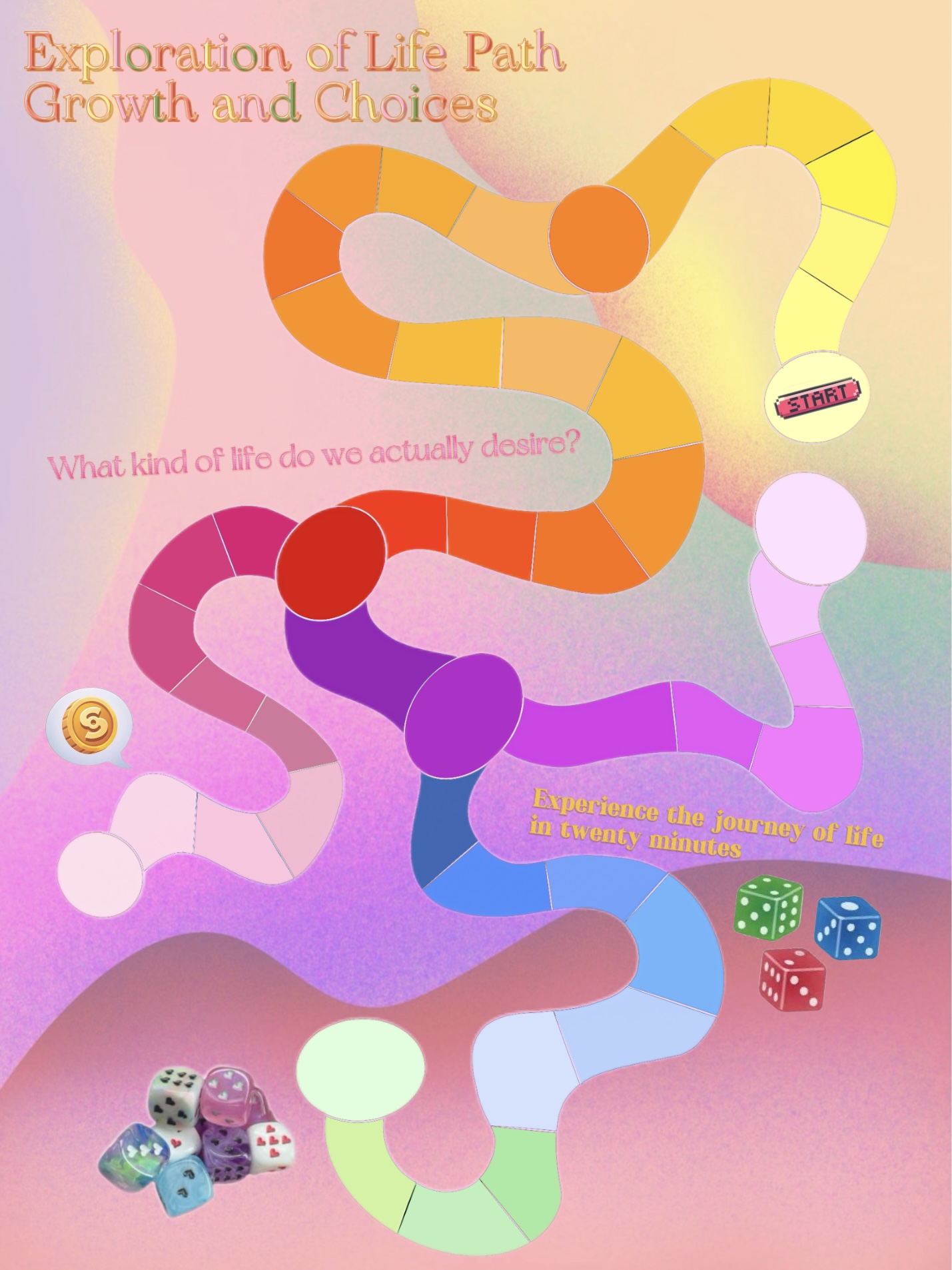 A vibrant and winding life path invites players to explore the journey of life within twenty minutes by rolling the dice and making choices. This is an image in the style of a colorful checkerboard game, featuring a winding path composed of segments in the dopamine color scheme of yellow, orange, red, pink, purple, blue and green. Several circular nodes connect different parts of the path, and soft color gradients fill the background, corresponding to the colors of the path. The text on the image is respectively the title“Exploration of Life Path: Growth and Choices”and the key statements about this game“What kind of life do we actually desire? and”A 20-minute journey through the course of human life“ , and various colored dice appear in the lower left and lower right corners.