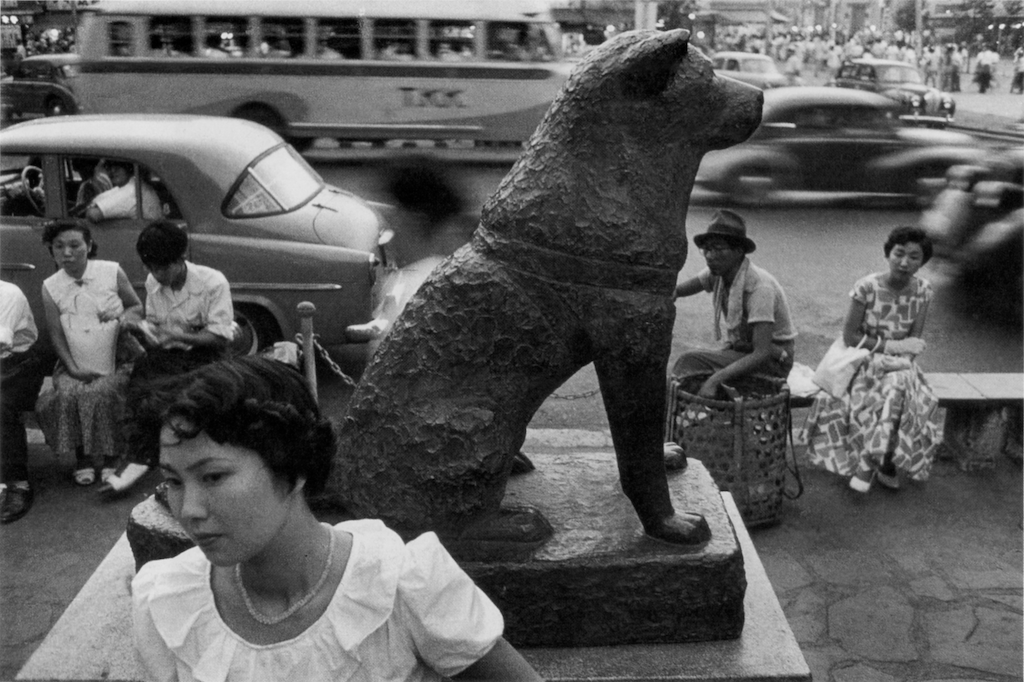 A bronze statue of the dog Hachikō sitting upright in front of Shibuya Station, surrounded by pedestrians taking photos.