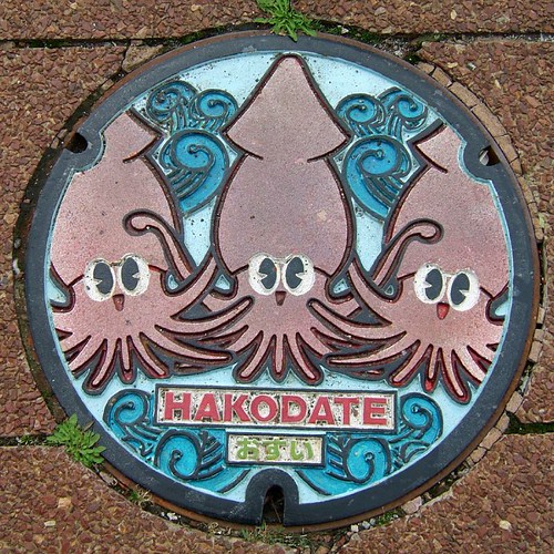 Hakodate This is a manhole cover with Marine life and a manhole cover mark on it