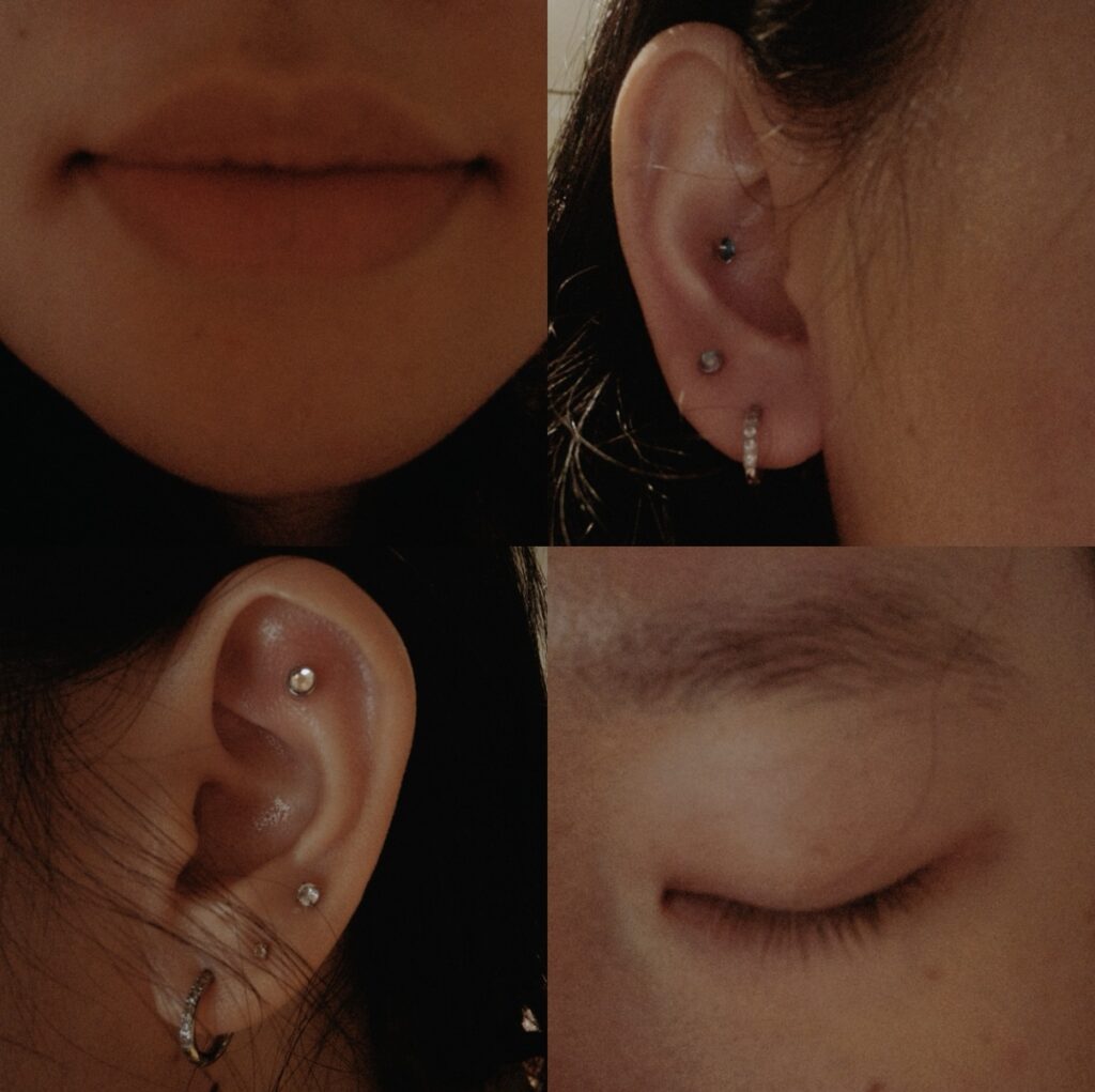 A four-panel collage showing close-up views of a person’s facial features: lips, two different ears, and a closed eye.