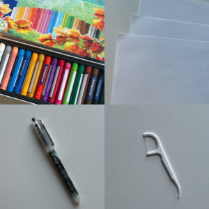 There are four pictures here, including an open box of oil pastels, three pieces of white paper, a gel pen and a floss pick.