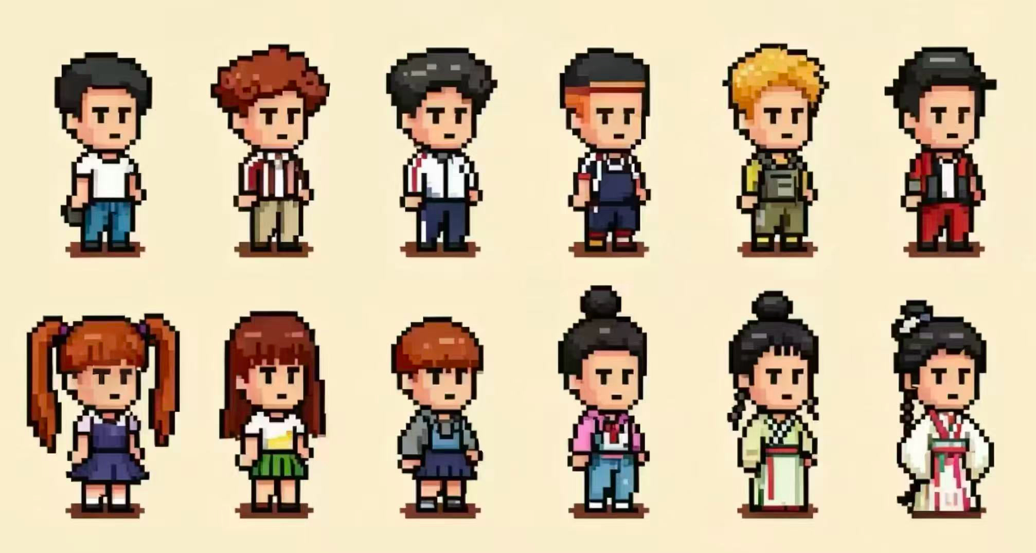 12 distinct pixel-art character IPs