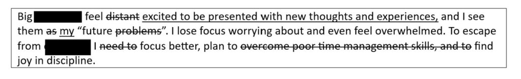 short text with edited and redacted elements