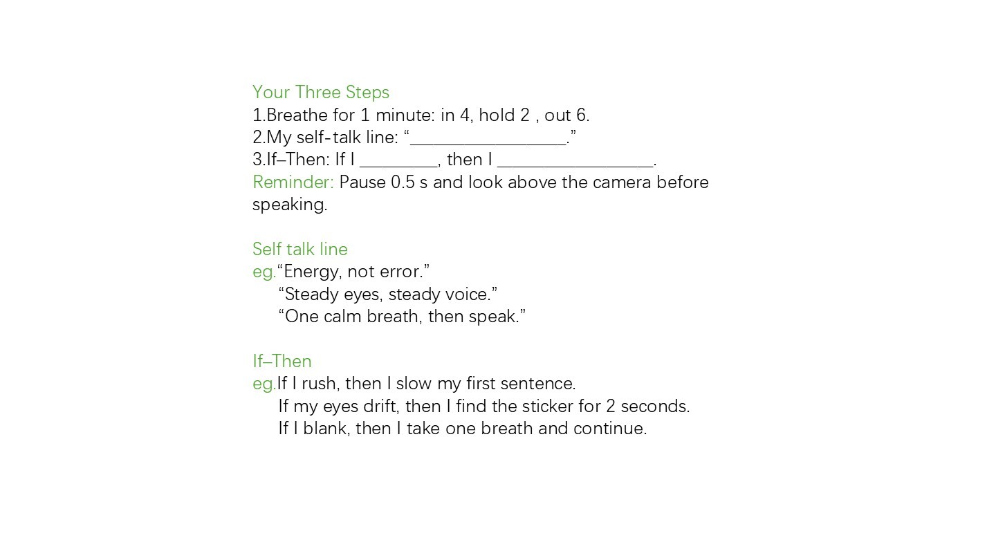 Infographic showing breathe 4-2-6, a self-talk line, and one IfโThen plus a 0.5 s pause.