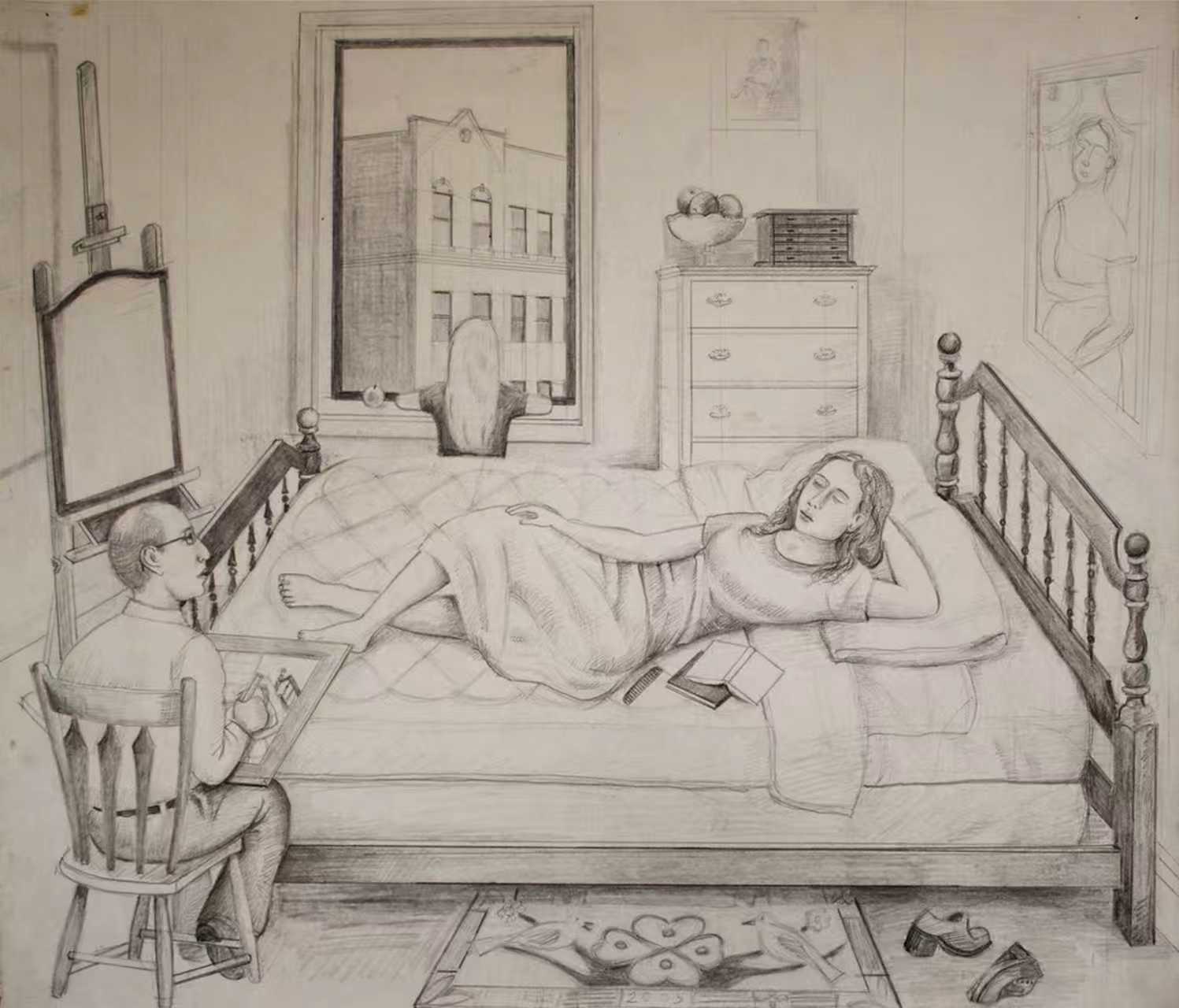 A pencil-drawn bedroom scene showing a girl lying on a bed, with toys and small objects around the room, a dresser against the wall, and a window overlooking buildings outside, creating the feeling of a quiet, imaginative childhood bedroom.