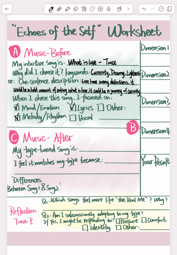 A sample of Worksheet section A showing how to record an intuitive song choice, including the song title, keywords, and a brief emotional description.