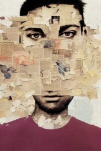 A collage portrait of a young man made from newspaper clippings; titled "a young man collage (2022)"