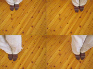 Four seemingly identical compositions, with a bare wooden floor background, showcasing legs from the knee down shown in different positions.