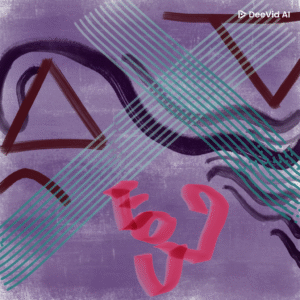 Abstract purple digital painting with triangles, diagonal lines, and pink brushstrokes, created by DeeVid AI.