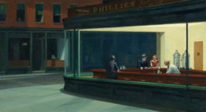 About Nighthawks Edward Hopper recollected, “unconsciously, probably, I was painting the loneliness of a large city.” In an all-night diner, three customers sit at the counter opposite a server, each appear to be lost in thought and disengaged from one another. The composition is tightly organized and spare in details: there is no entrance to the establishment, no debris on the streets. Through harmonious geometric forms and the glow of the diner’s electric lighting, Hopper created a serene, beautiful, yet enigmatic scene. Although inspired by a restaurant Hopper had seen on Greenwich Avenue in New York, the painting is not a realistic transcription of an actual place. As viewers, we are left to wonder about the figures, their relationships, and this imagined world.