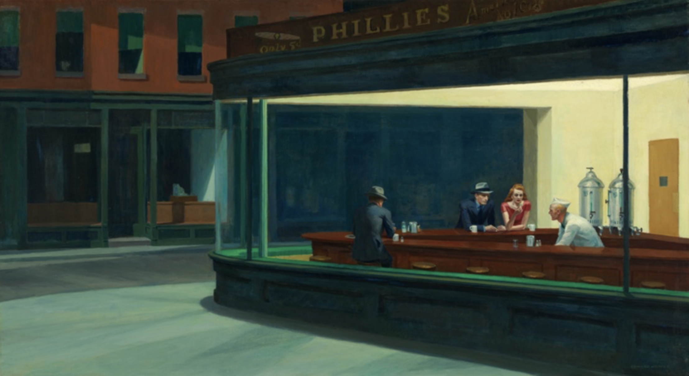 About Nighthawks Edward Hopper recollected, “unconsciously, probably, I was painting the loneliness of a large city.” In an all-night diner, three customers sit at the counter opposite a server, each appear to be lost in thought and disengaged from one another. The composition is tightly organized and spare in details: there is no entrance to the establishment, no debris on the streets. Through harmonious geometric forms and the glow of the diner’s electric lighting, Hopper created a serene, beautiful, yet enigmatic scene. Although inspired by a restaurant Hopper had seen on Greenwich Avenue in New York, the painting is not a realistic transcription of an actual place. As viewers, we are left to wonder about the figures, their relationships, and this imagined world.