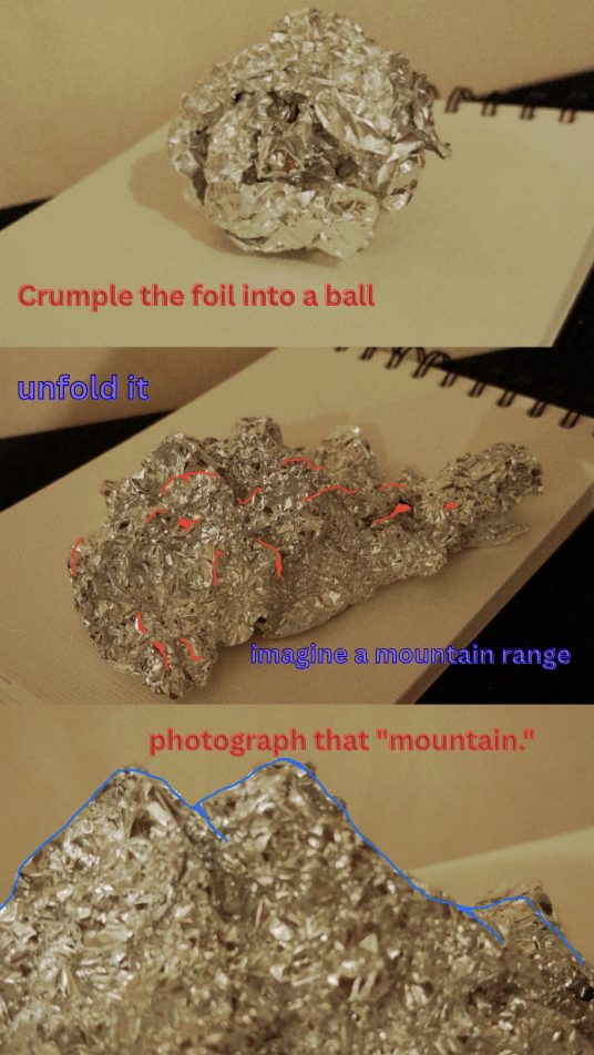 A ball of tin foil, a sheet of tin foil full of creases, a close-up of the creases on the tin foil