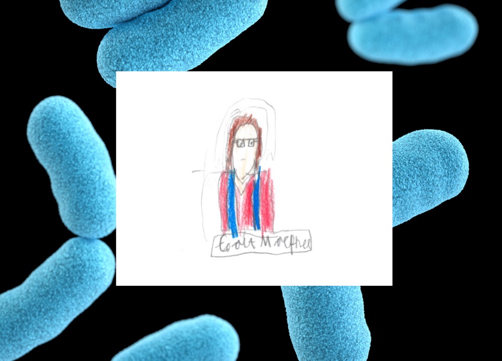 Drawing of Cait MacPhee and background picture of bacteria