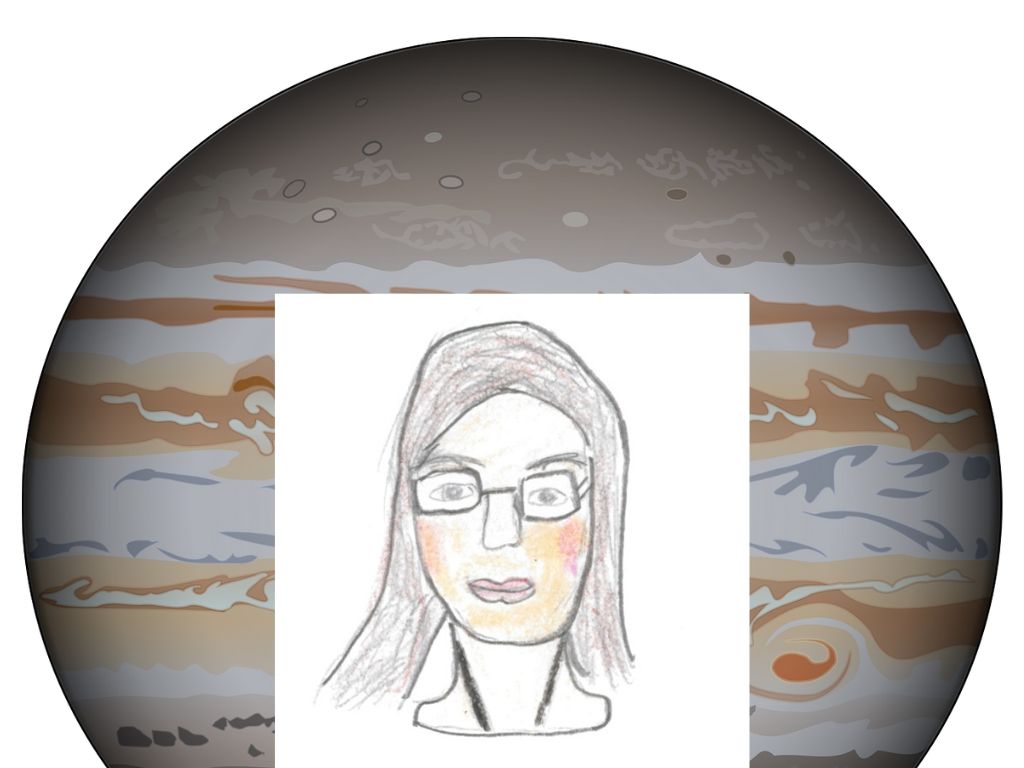Drawing of Mariangela Bonavita on background of Jupiter.